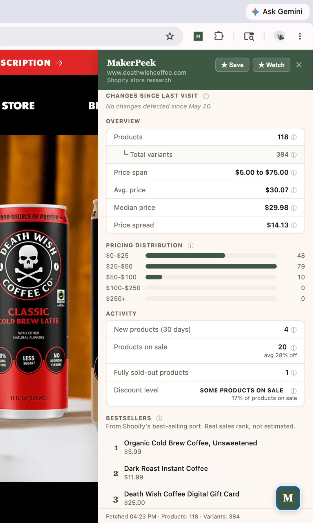 MakerPeek panel on a Shopify store